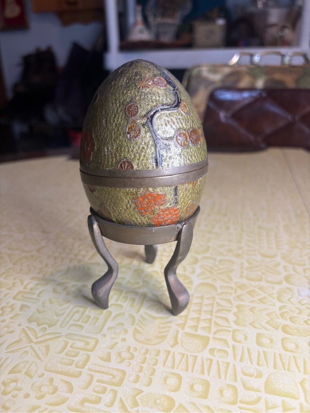 Vintage Brass Trinket Egg Box with Stand - Olive Green and Rust Floral